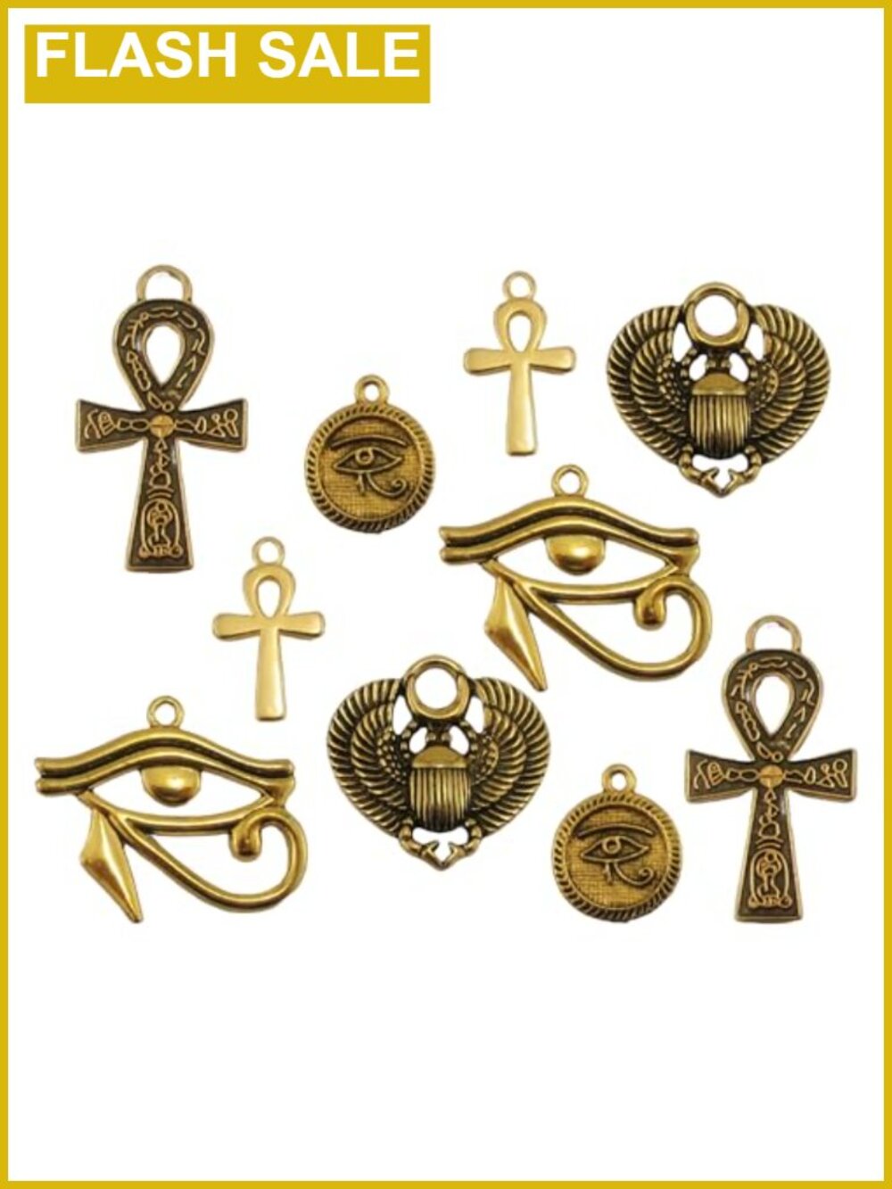 Egyptian Charm Pendant Set 10 Piece Antique Gold Plated Ankh Cross Eye of Horus